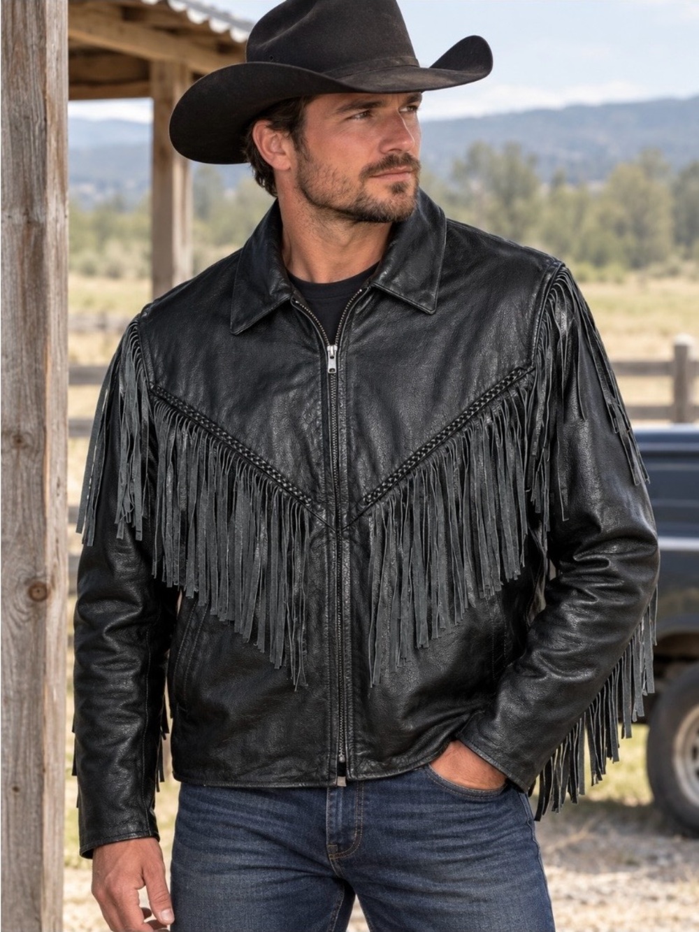ALLSTATE Black Leather Fringe Western Bomber Jacket